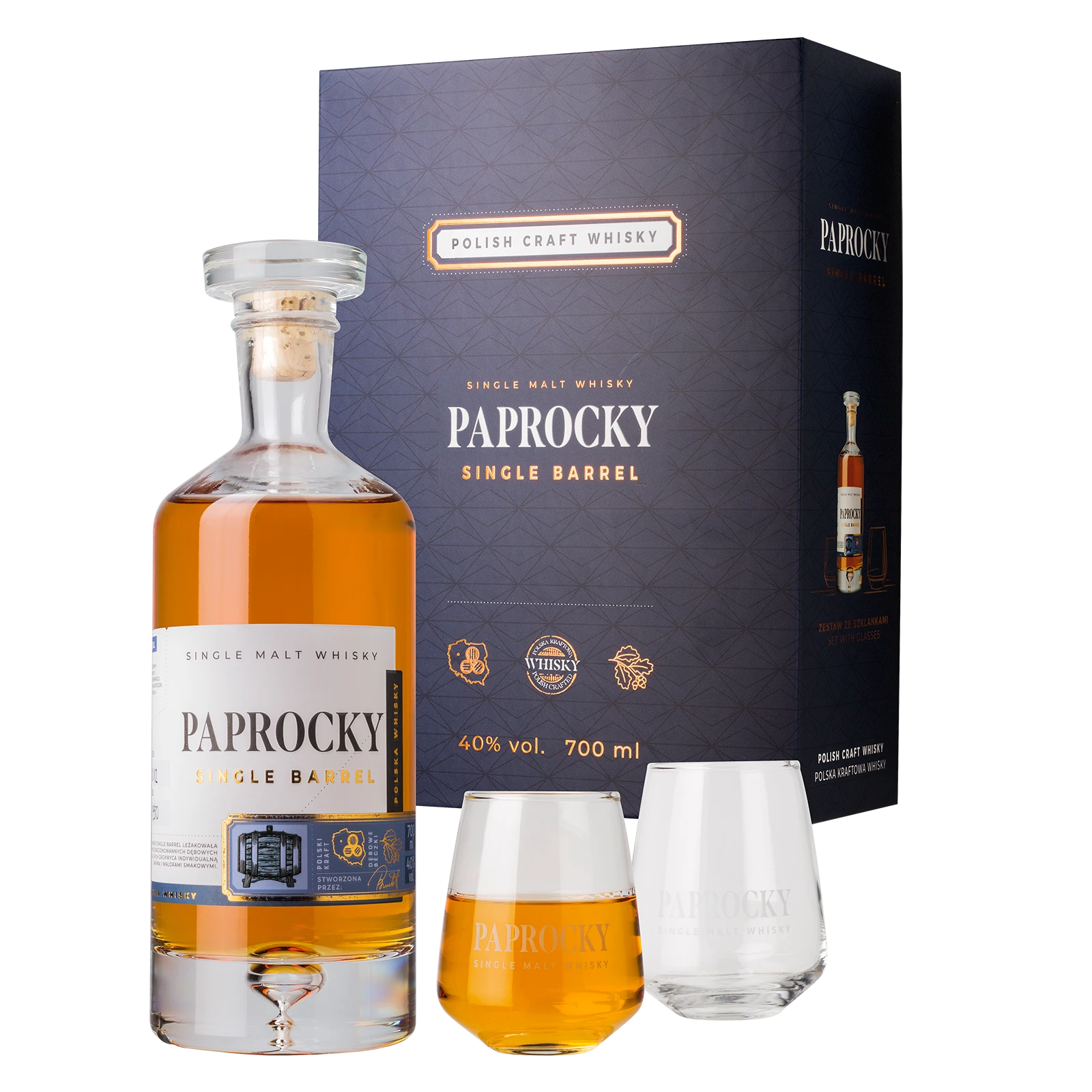 Paprocky Single Barrel Whisky 0,7L 40% Vol. + 2 szklanki